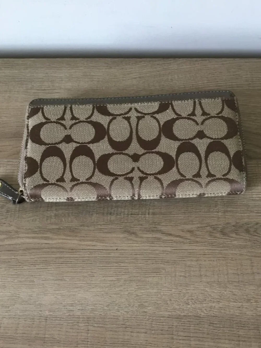 Coach Signature Zip Wallet in Tan with Pink Accent